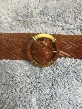 Braided Brown Leather Belt with Brass Buckle Size Medium